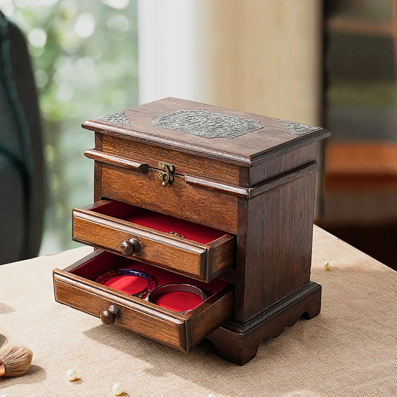 泰式复古风中古风带抽屉创意三层首饰收纳箱三斗柜首饰柜家用木制