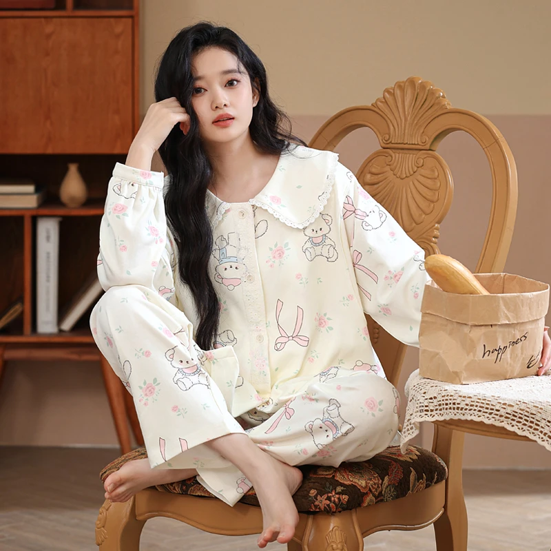 甜美系【A类春秋款-带胸垫云感棉】月子服产后孕妇产妇哺乳睡衣宽松