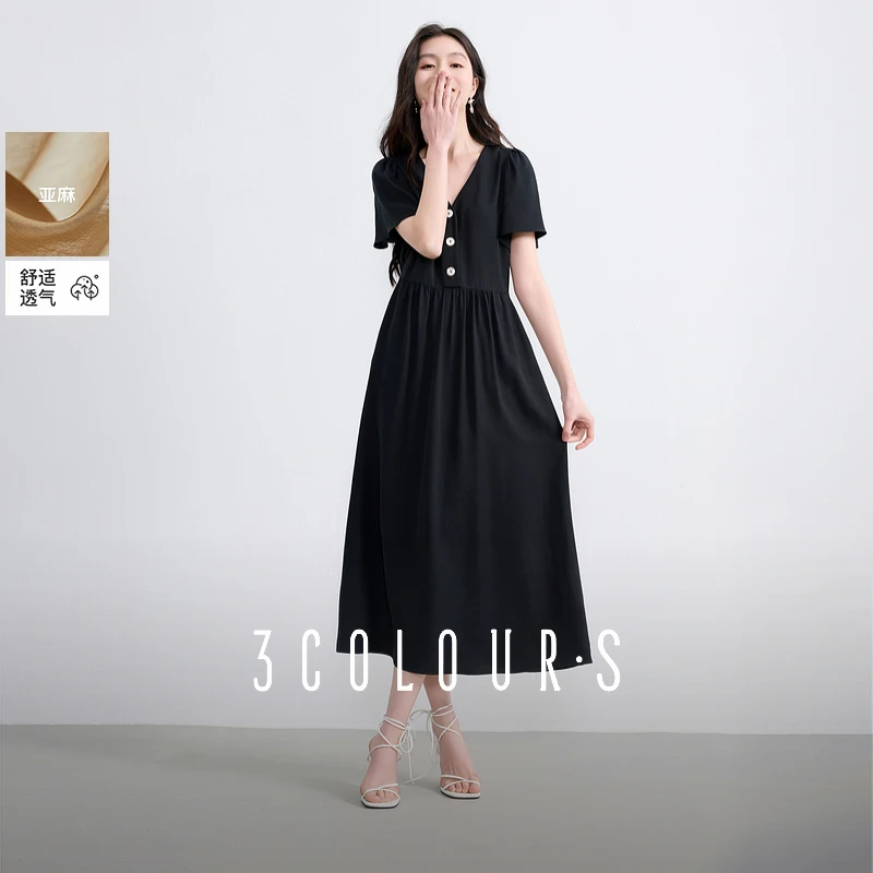 【莱赛尔+亚麻】三彩2025夏季连衣裙V领收腰A字裙长裙气质女S1403