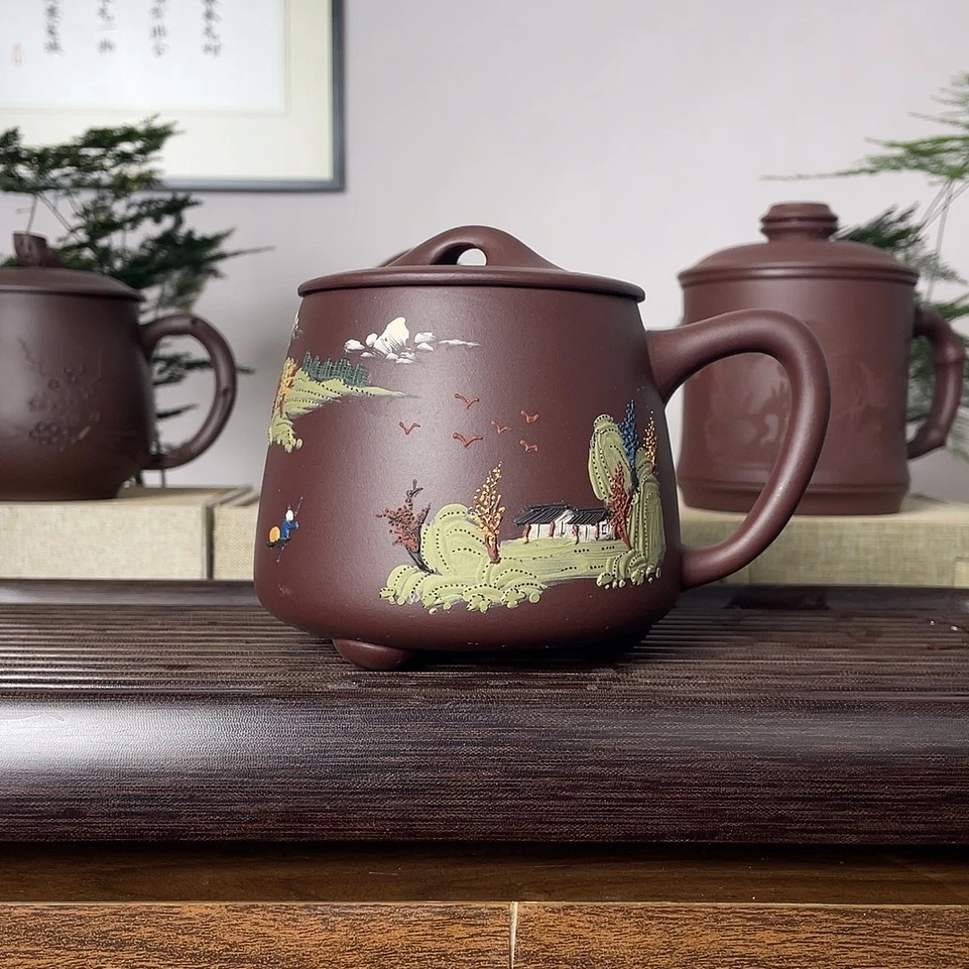 紫砂茶杯泥绘山水石瓢500cc