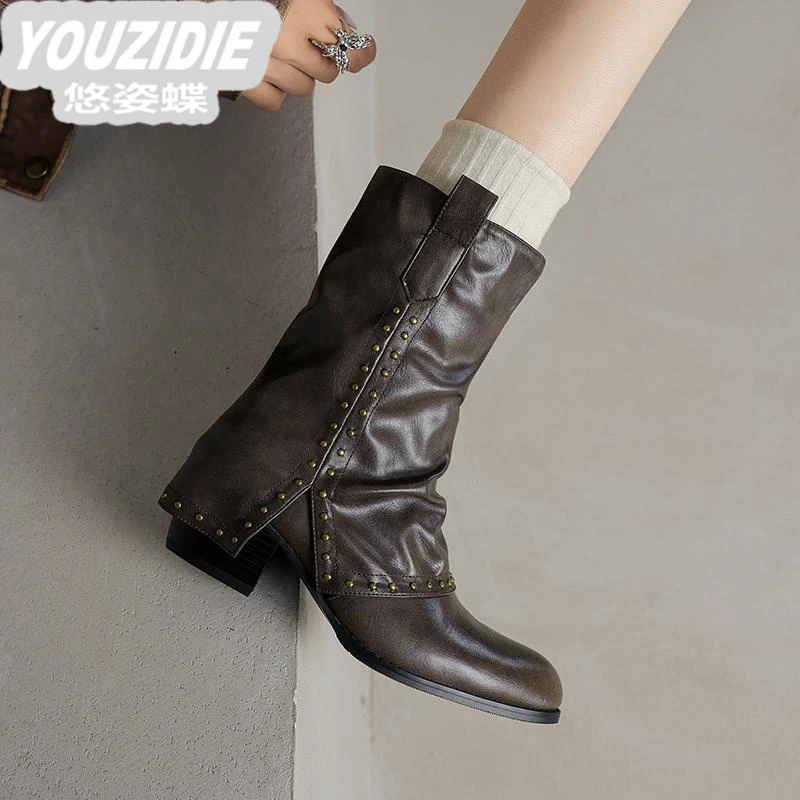 YOUZIDIE真皮铆钉高跟粗跟裤管靴子女覆古棕色尖头短筒西部牛仔靴