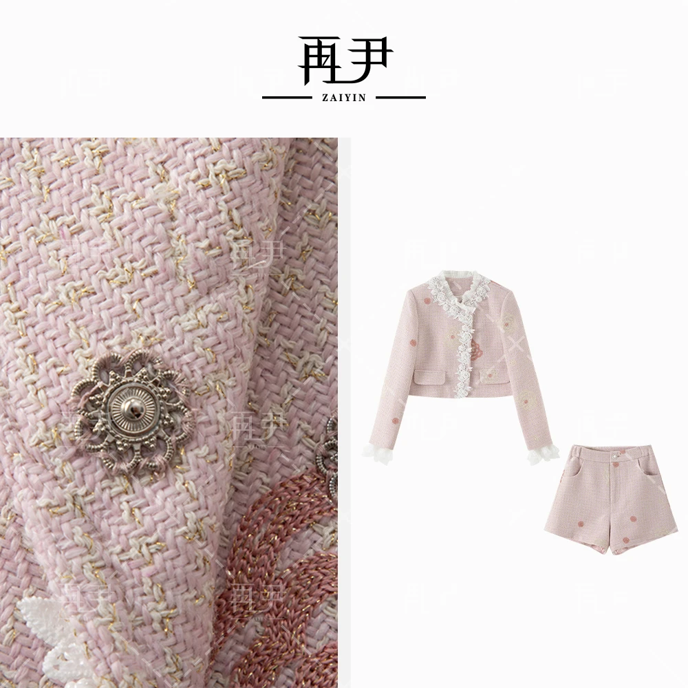 【戴安娜】手工珠花网纱单排扣重工钉珠秋季短裤套装GY53122515-1