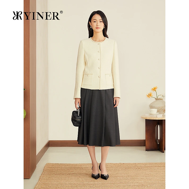 YINER音儿专选2025秋季新款法式小香风羊毛混纺亮丝粗花呢短外套