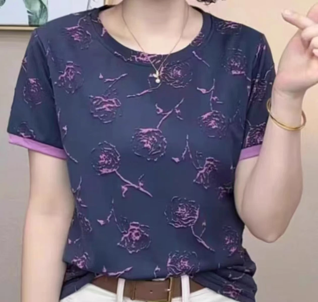 2025夏季新款时尚圆领弹力短袖T恤女 妈妈装宽松显瘦提花棉上衣潮