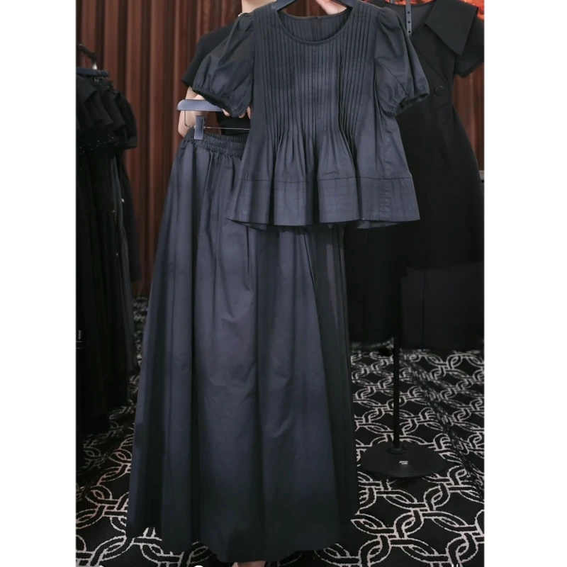 【原创大码设计师款】新款褶皱减龄短袖上衣+半身裙套装5540