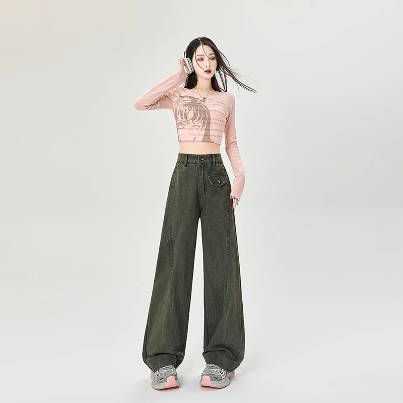 美式高腰显瘦复古工装牛仔裤女2025春季新款百搭潮流军绿色休闲裤