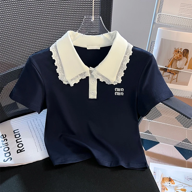 上衣潮流正肩撞色娃娃领短袖t恤女秋季新款甜酷修身翻领polo衫衣