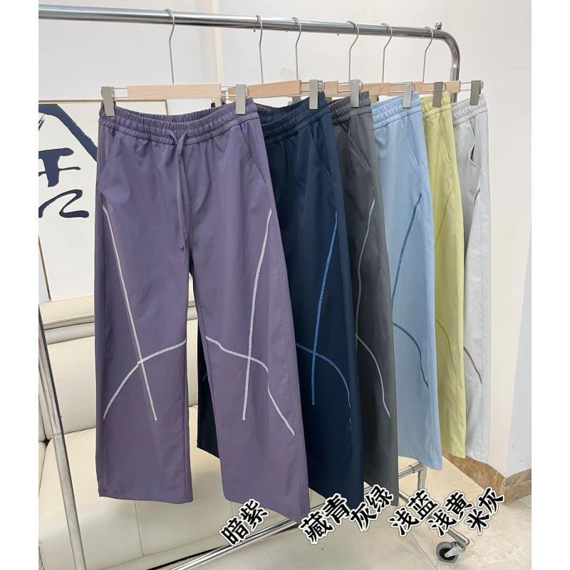 户外直筒宽松撞色哈苏线垂感休闲运动裤设计感情侣款长裤子 9099