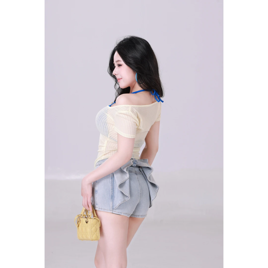 MengFairy【蝴蝶短裤蓝】原创66.9%棉夏季百搭中腰牛仔短裤5158M