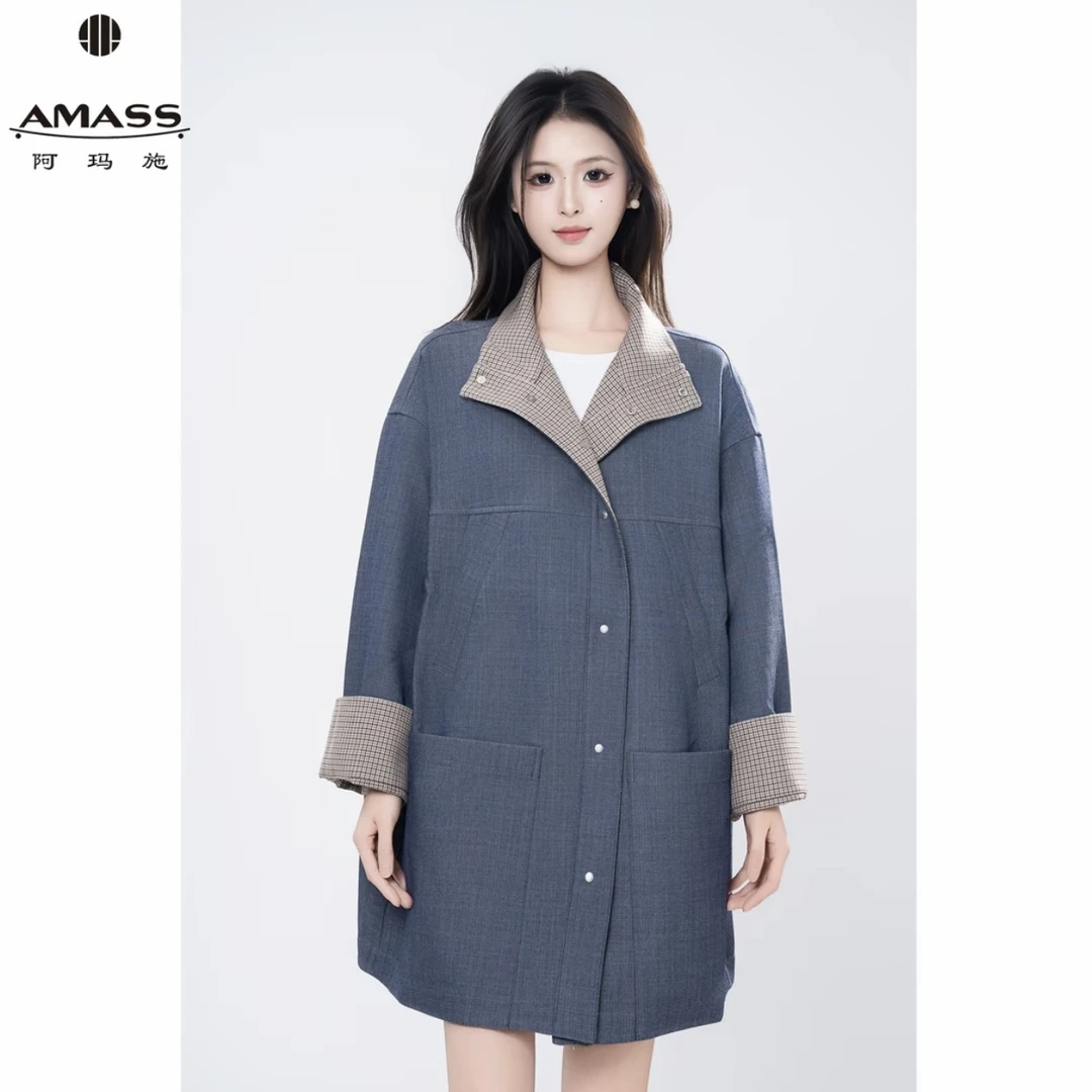 AMASS阿玛施秋冬新款复古丹宁风时尚气质舒适高级风衣外套540057