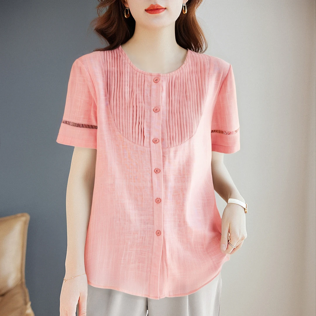 中长款圆领短袖衬衫女夏季遮肉显瘦纯色上衣2025新款大码气质衬衣