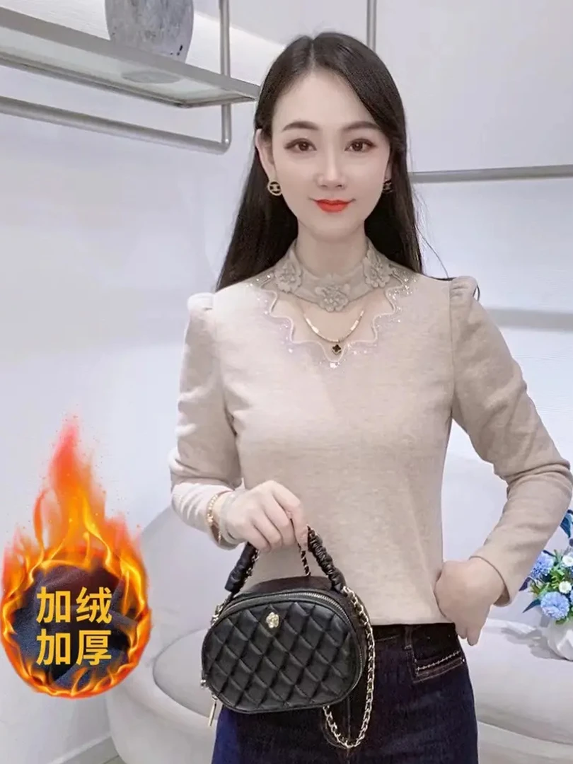 法式镂空加厚加绒长袖打底衫女2025冬新款洋气减龄上衣潮蕾丝网红