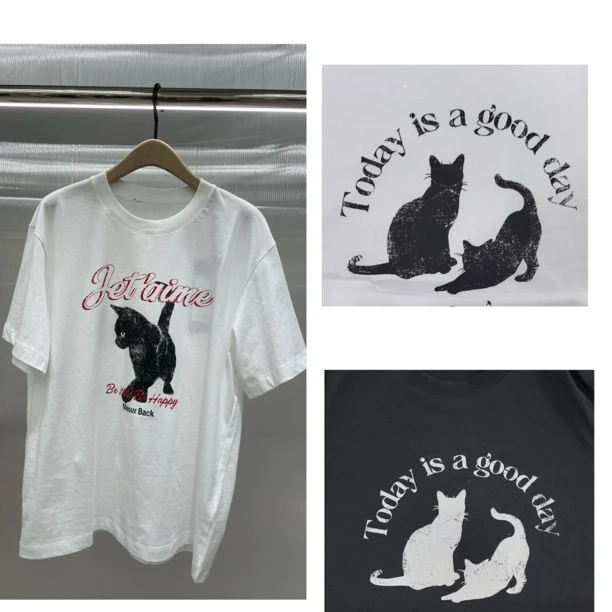 短袖MO圆领印花猫咪兔印花显瘦T恤夏季设计师卡通国潮