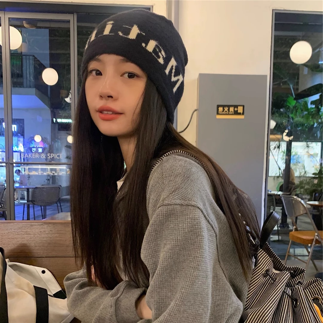 秋冬新款针织毛线帽保暖护耳冷帽男潮字母时尚百搭帽子女显脸