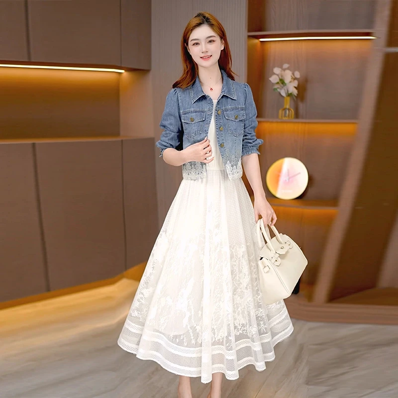 春季牛仔套装蕾丝花边摆牛仔外套连衣裙显瘦两件套套装女