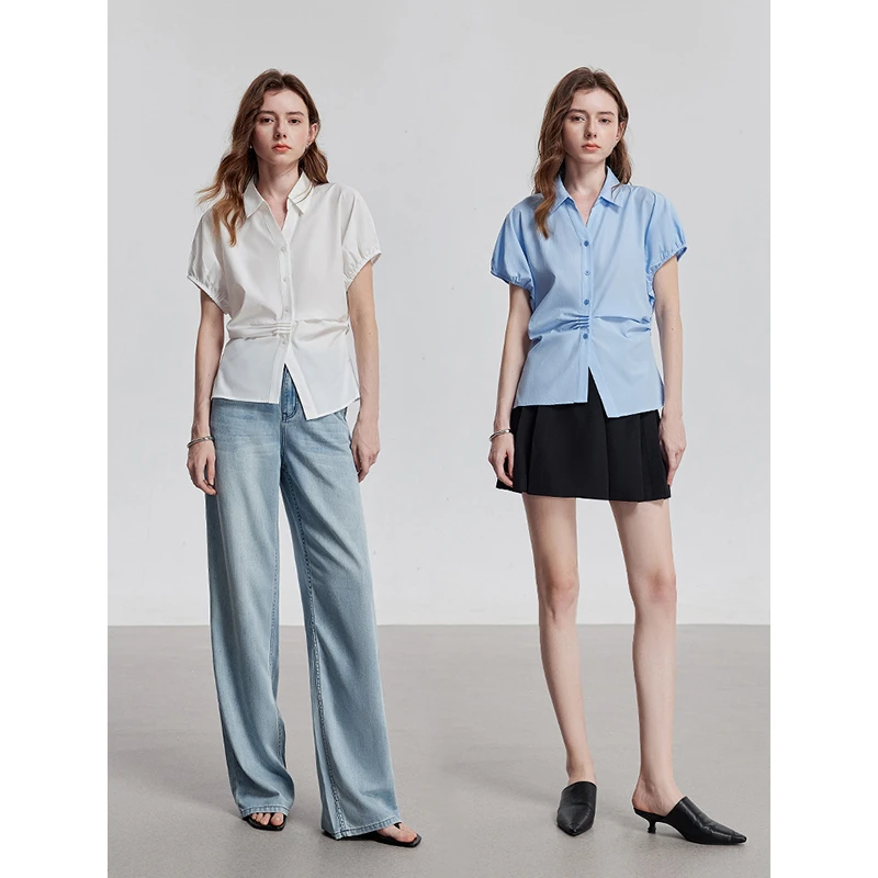 【新东方专属】初语衬衫灯笼袖捏褶衬衣POLO领减龄上衣8522009