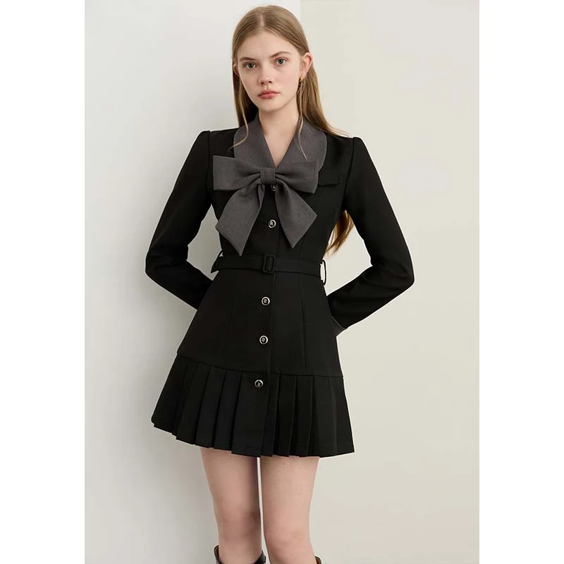 【有里布】【送腰带】黑色连衣裙女独特蝴蝶结收腰短款裙子短裙LJ0104