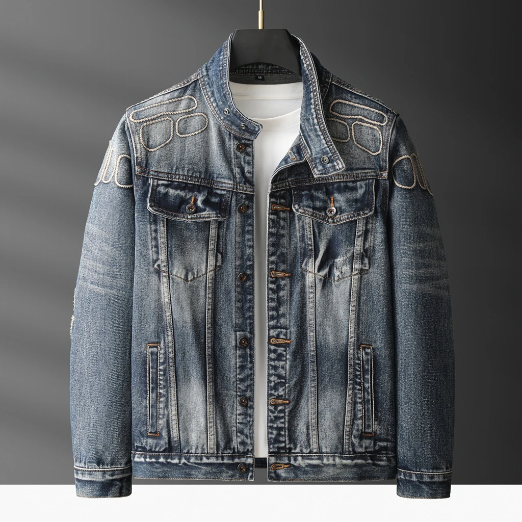 春秋2025新款欧美街头牛仔外套男翻领休闲夹克男装刺绣痞帅上衣服