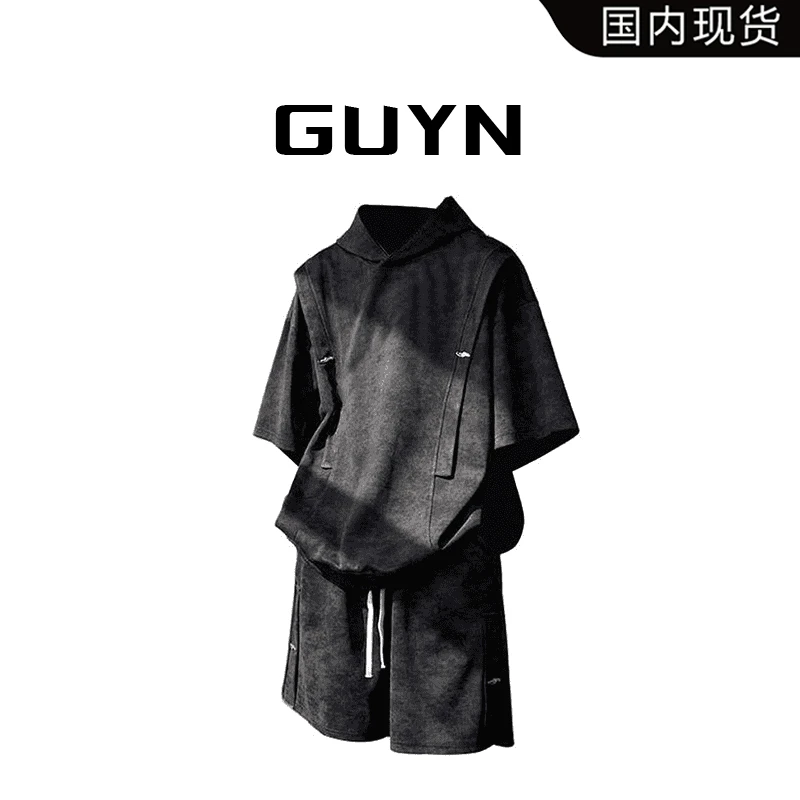 【品牌现货】GUYN扎染连帽运动套装男夏装潮大码宽松半袖五分裤
