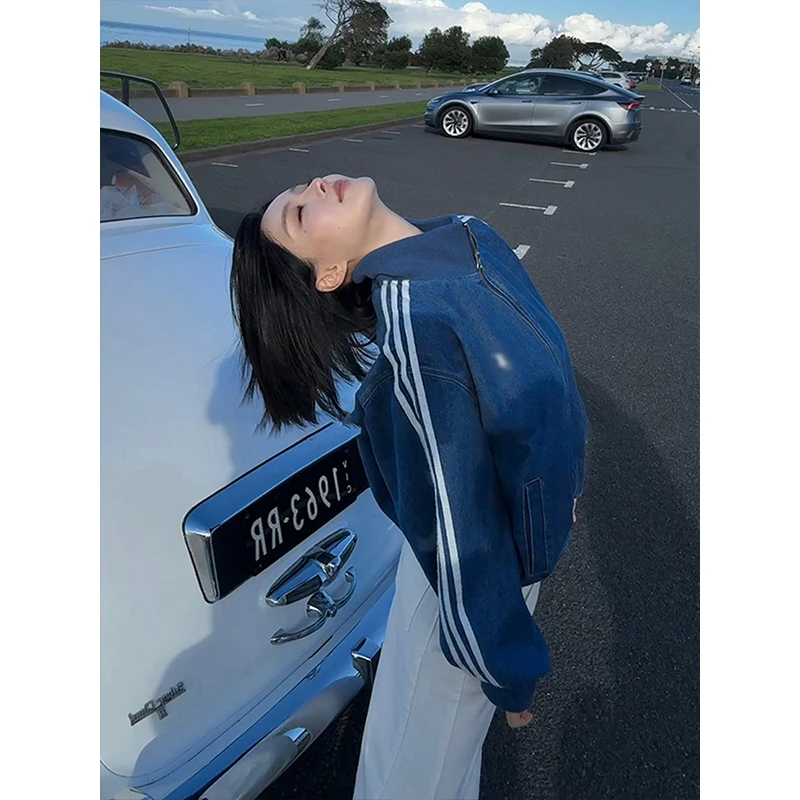 复古三条杠蓝色牛仔棒球外套女2025秋季新款宽松休闲立领开衫夹克