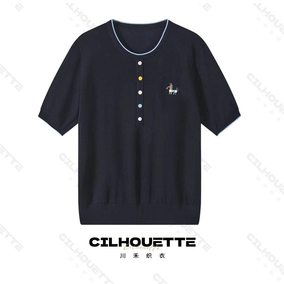 川禾织衣 夏季圆领刺绣彩虹扣100纯兰精天丝短袖显瘦针织T恤衫