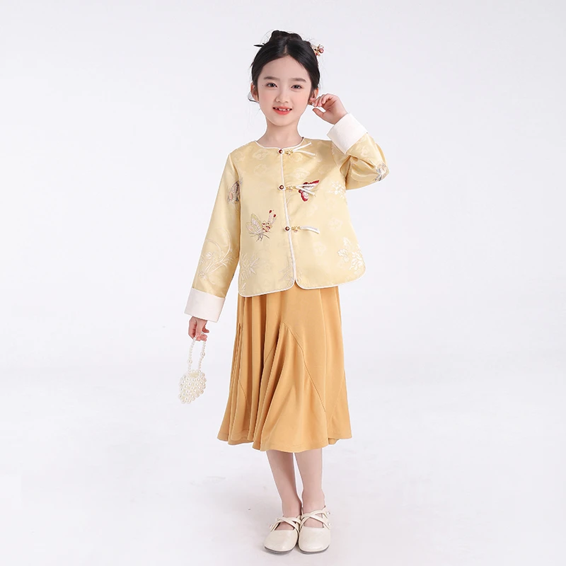 80548唐装中国风女童汉服外套2025春秋新款女孩古风盘扣上衣裙子
