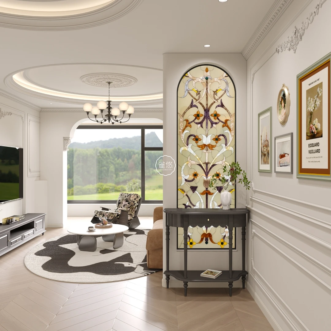 雀悠珐琅彩手绘艺术玻璃屏风隔断假墙法式客厅入户玄关遮挡装饰