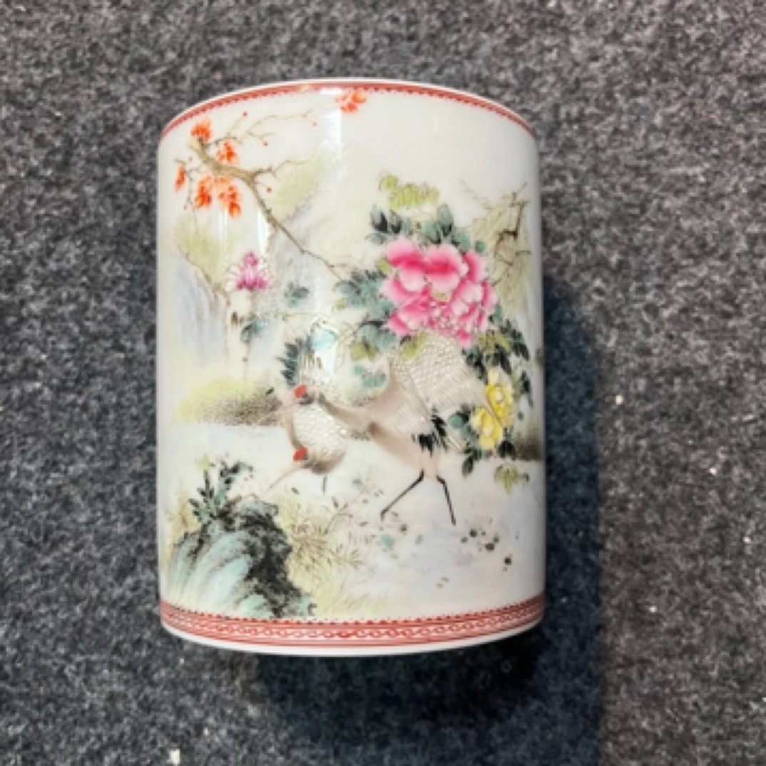 松鹤延年笔筒手工手绘