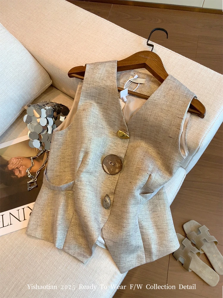 老钱风v领绑带时尚无袖上衣女夏新款高级时尚气质设计感纽扣马甲