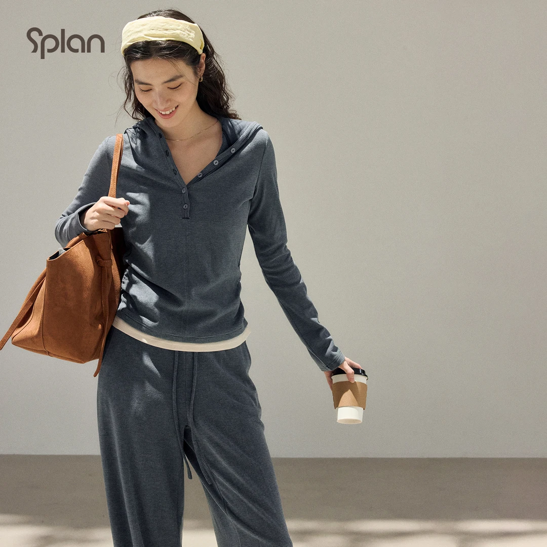 【秋冬新品】SPLAN 简约条纹连帽亨利领阔腿裤运动套装25335