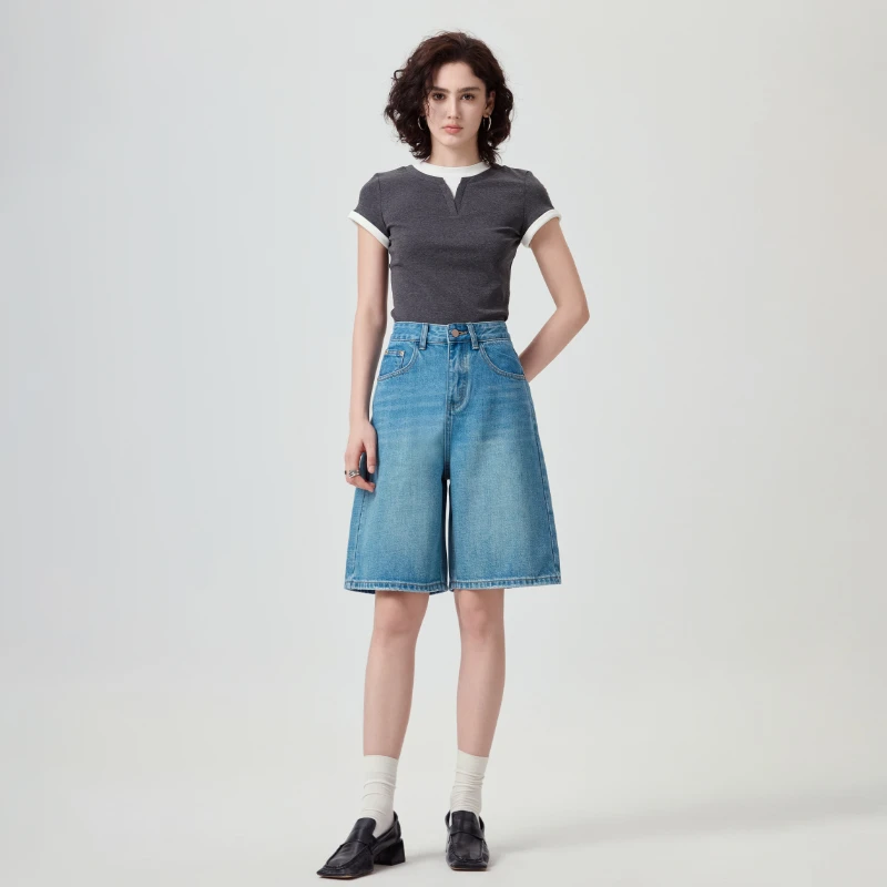 孔雀绿无弹牛仔中裤女夏天丝薄款宽松显瘦五分牛仔女款朋友短裤