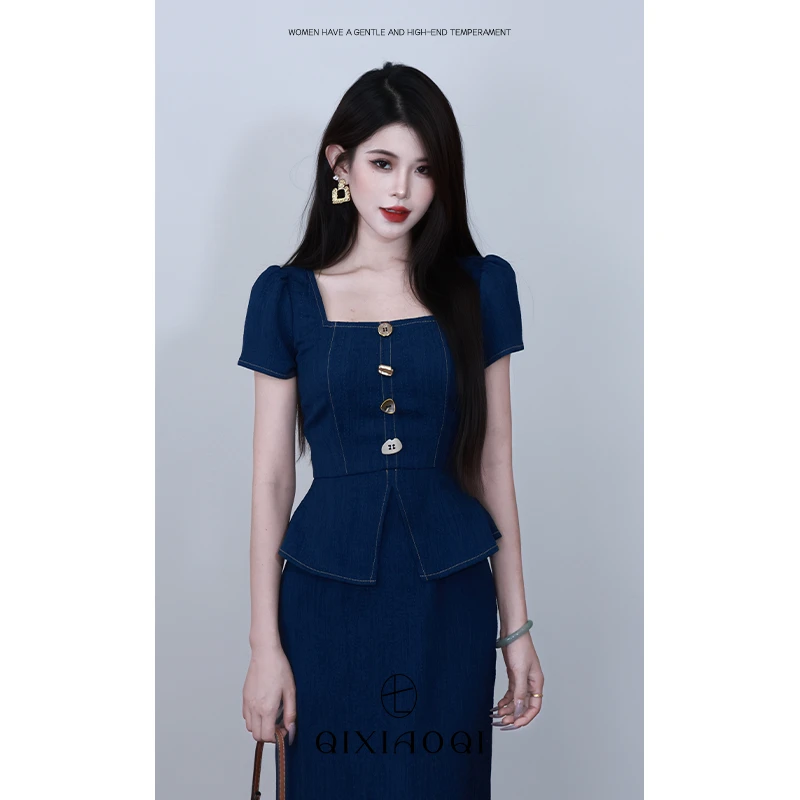 七小七Sicily【洛斯顿里纪】法式气质高级感牛仔假两件连衣裙女夏季