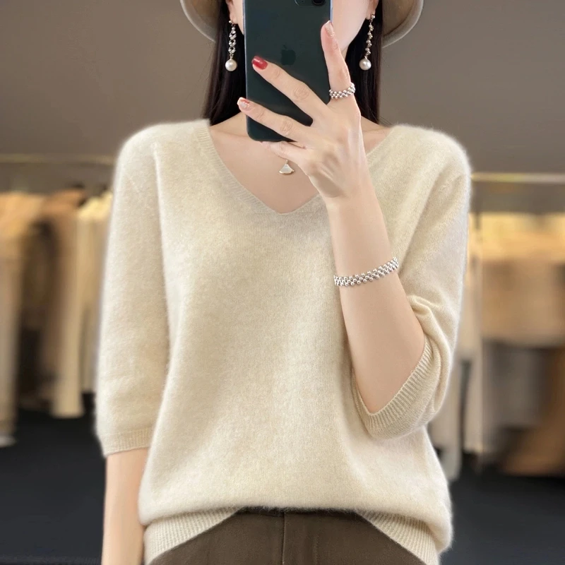 美丽诺100羊毛一线成衣短袖春夏新款女V领针织半袖宽松背心百搭