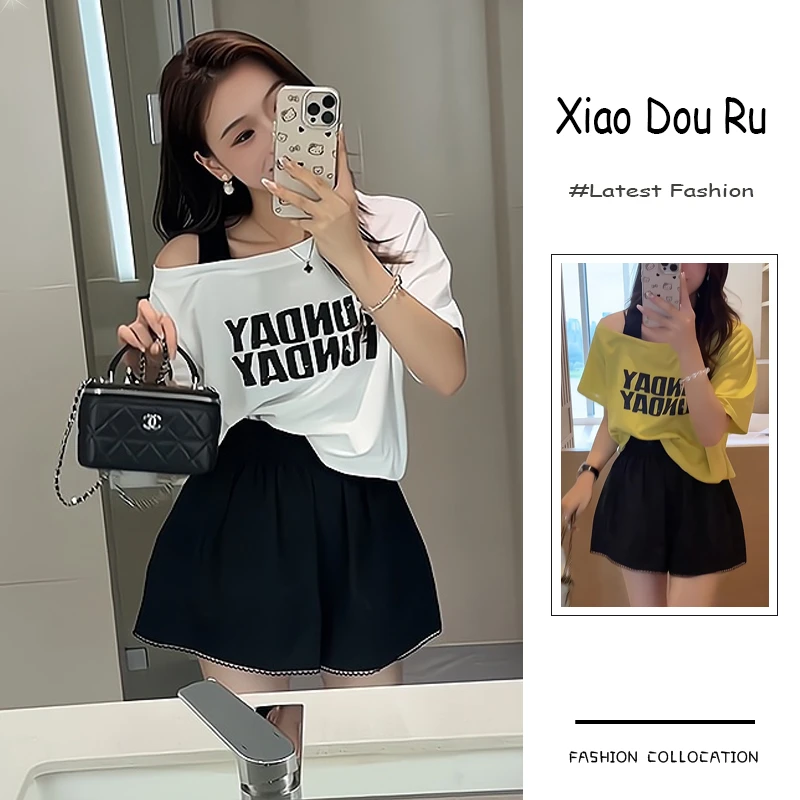 夏季流行穿搭一整套新款2025韩系INS风斜肩字母T恤休闲短裤两件套