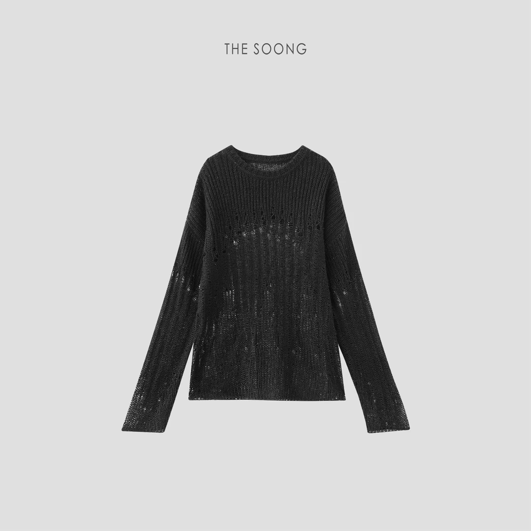 THESOONG|"秩序肌理"绵羊毛超柔糯感镂空针织圆领毛衣HBMY7312