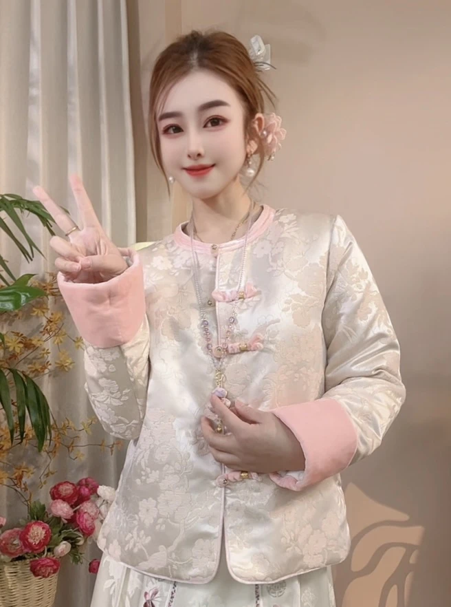 [初颜]新中式国风提花棉服冬季加棉外套加厚粉色棉衣盘扣棉袄