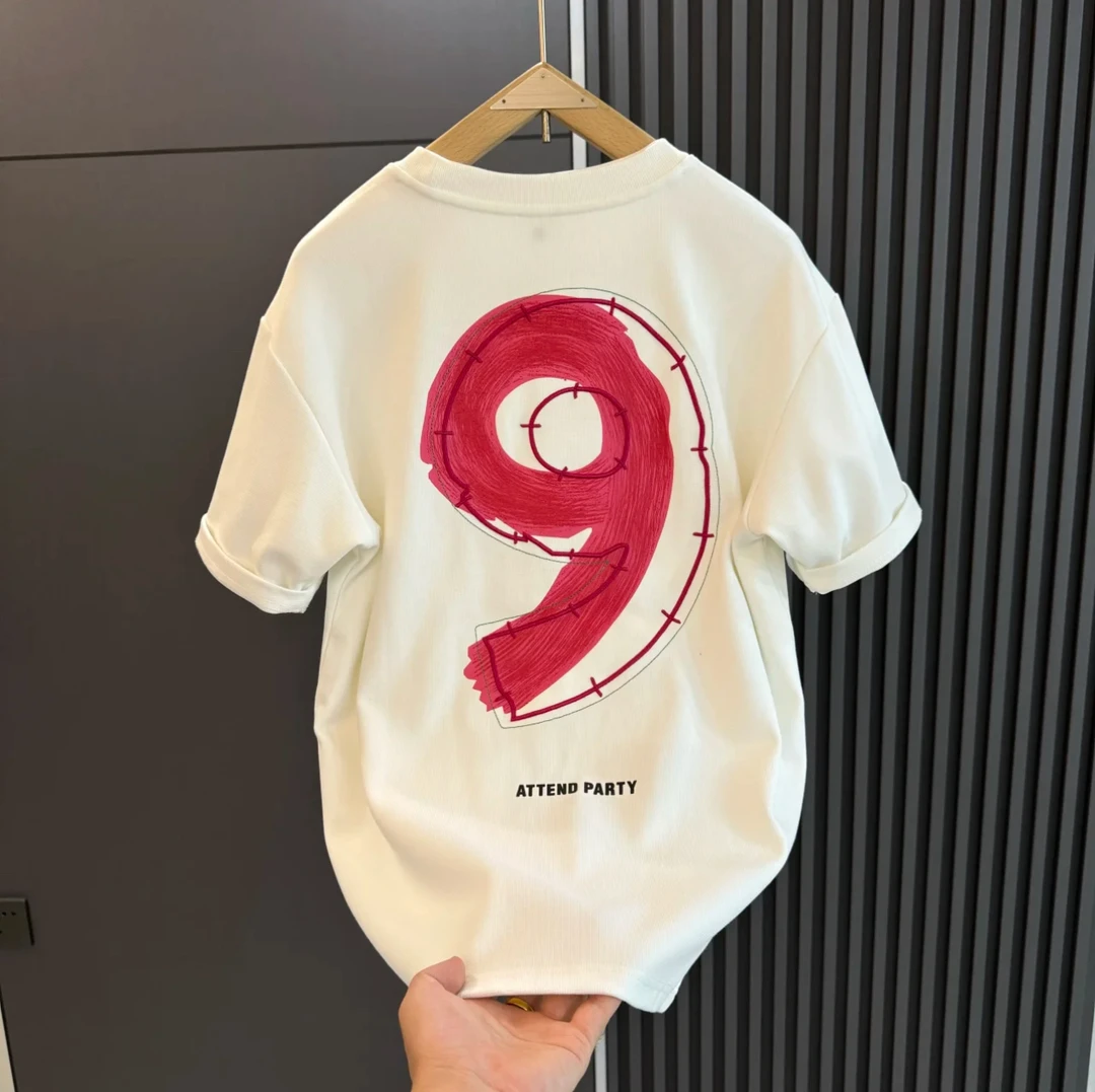 纯棉男士短袖T恤简约数字印花圆领上衣百搭休闲半袖潮牌男打底T恤