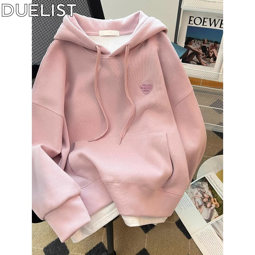 DUELIST假的两件套粉色连帽运动衫新热风格欧洲时尚小懒风格上衣