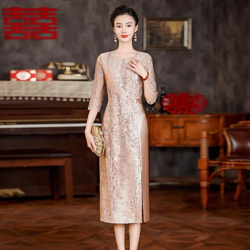 -高端喜婆婆婚宴装2025新款香槟色结婚妈妈婚宴礼服平时可穿秋*
