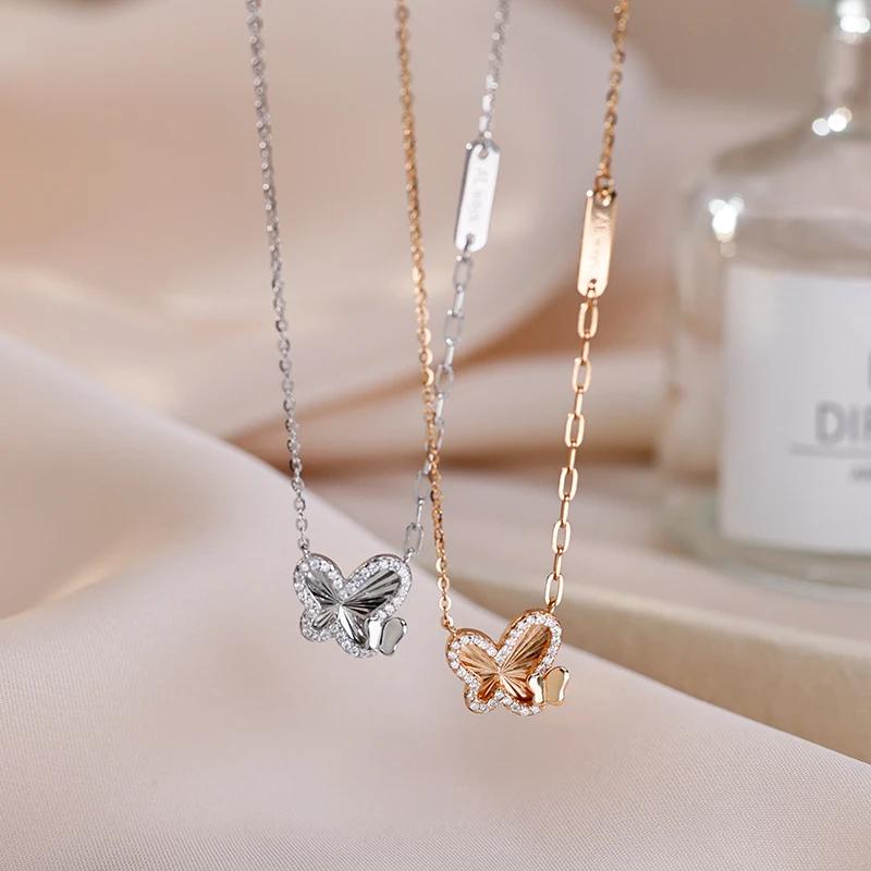 坠链均925银合成锆石 925纯银冰心蝴蝶项链精致简约ins小巧锁骨链