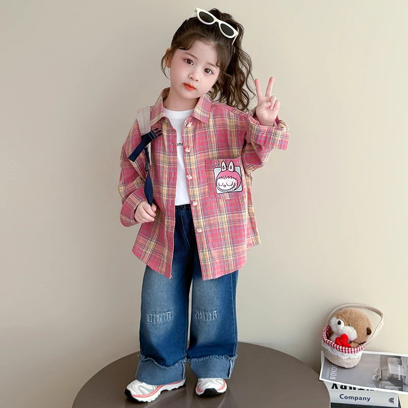 拉布布女童外套女孩秋季格子衬衫2025新款儿童春秋装卡通可爱衣服