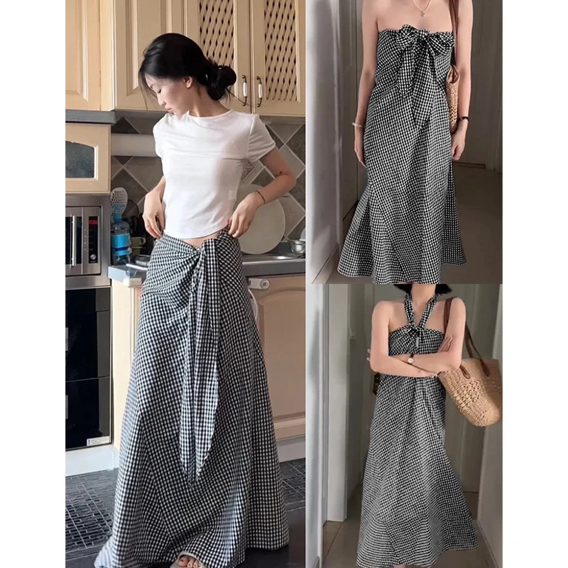 黑白格子半身中长裙女夏季2025新款御姐高腰显瘦系带a字复古裙子
