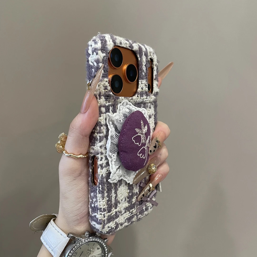 ins毛绒蕾丝紫色刺绣花适用苹果17promax手机壳16pro时尚15女14pm