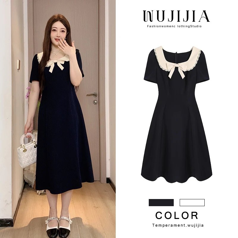 五季家大码夏季洋气显瘦中长款遮肉新款裙子藏青色连衣裙ZL108930