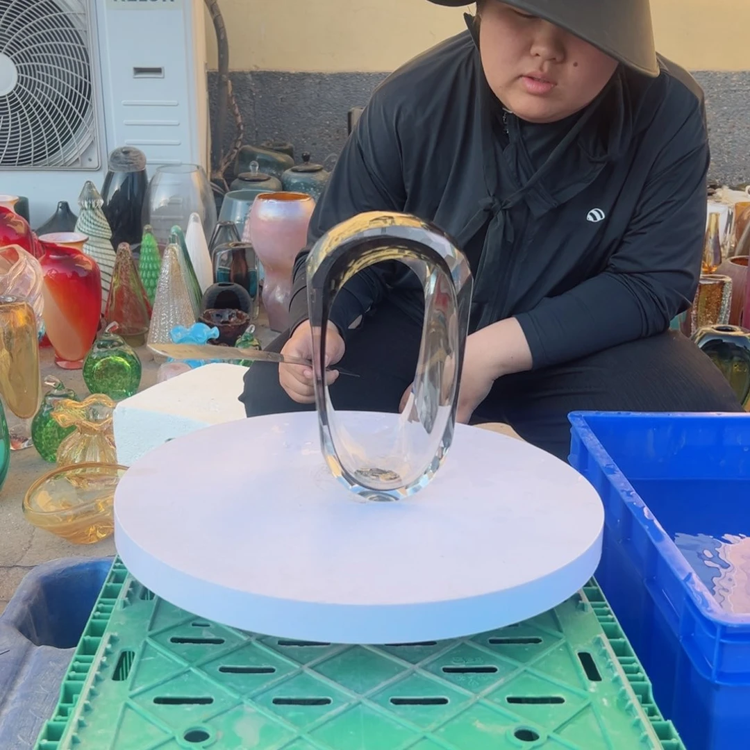 透明棱形琉璃花器摆件微瑕高度27