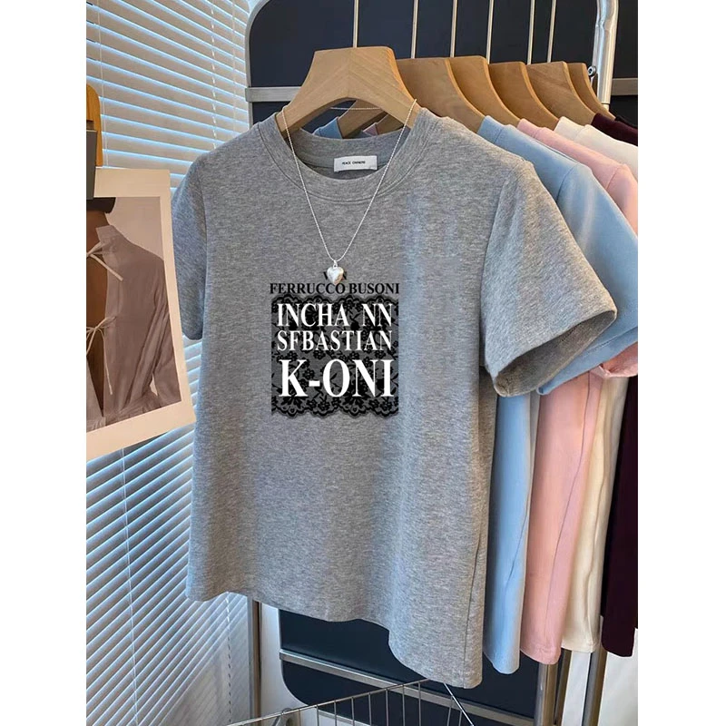 2025新款正肩磨毛短袖t恤女时尚洋气灰色印花上衣打底衫春夏秋季