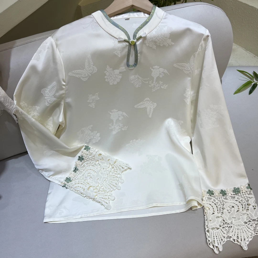 梦花衫--新中式国风气质时尚长袖打底立领提花复古宽松休闲衬衫