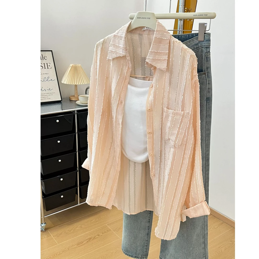 条纹防晒长袖衬衫女新款设计感慵懒风宽松薄款上衣夏季百搭时尚