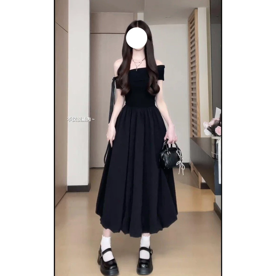 松本丧丧纯斜肩花苞裙收腰连衣裙设计感藏肉显瘦气质小众蓬蓬裙