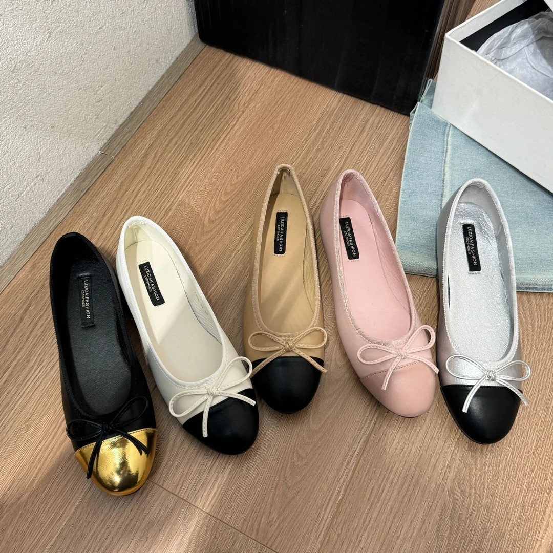 2025春夏新款百搭浅口蝴蝶结平底芭蕾鞋女简约拼色圆头小香风单鞋